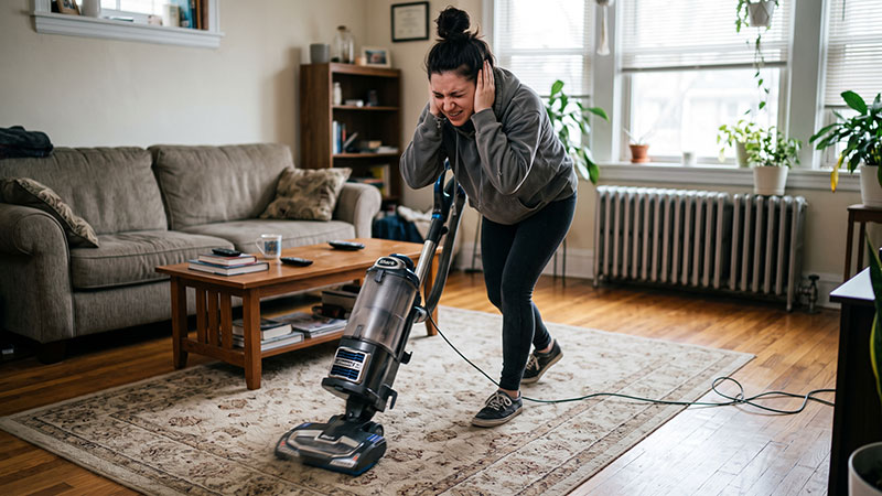 Woman vacuuming her rug but it is very loud